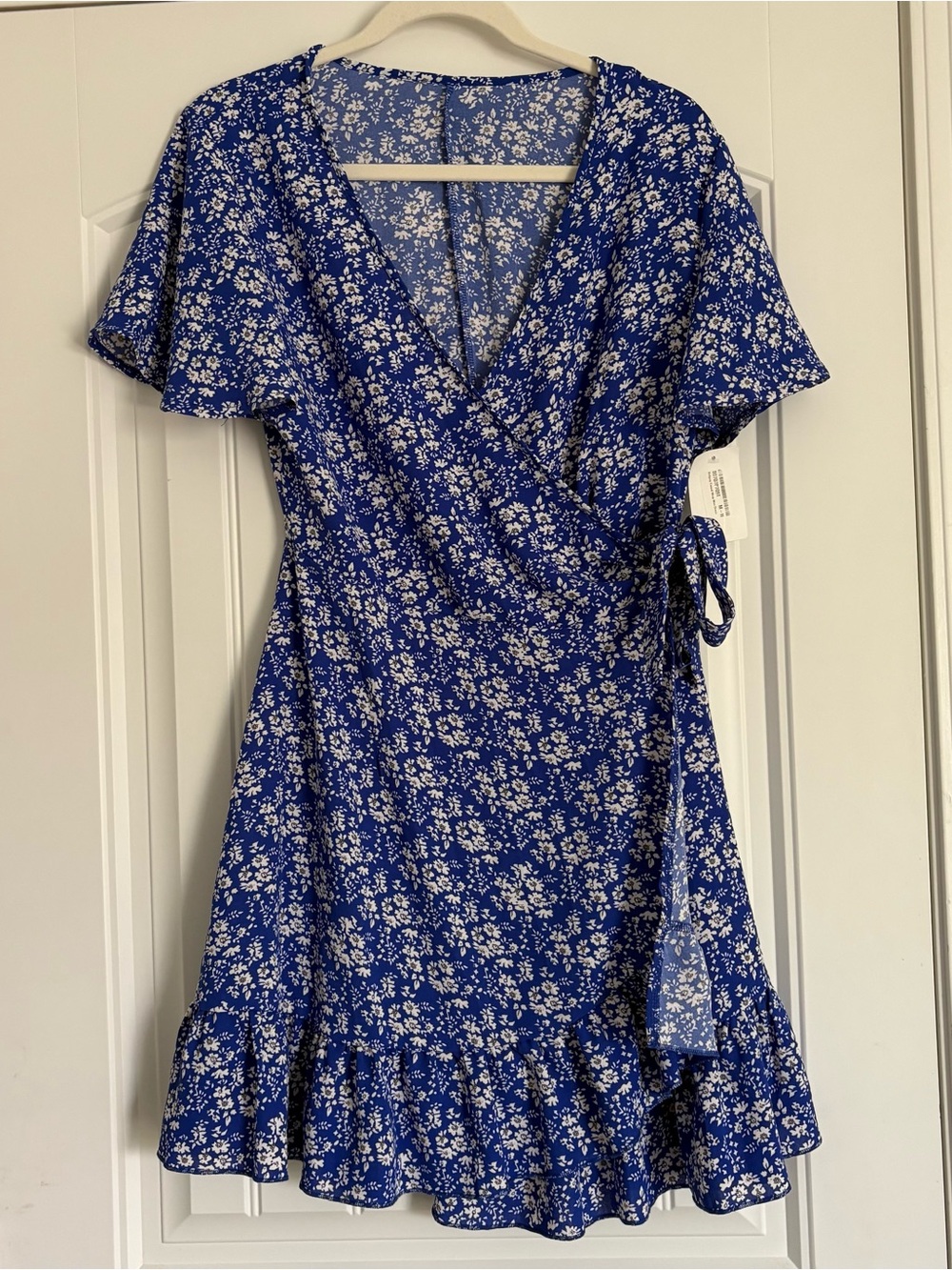Blue Floral Wrap Dress with Ruffle Hem